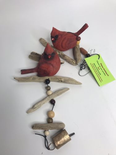 Unique Gift Handmade 32” Windchime Cardinal 5x5” Resin Bird Beads Driftwood