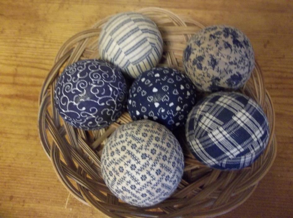 6 Blue Homespun Rag Balls Prim Rustic Farmhouse Bowl Basket Jar Fillers, New