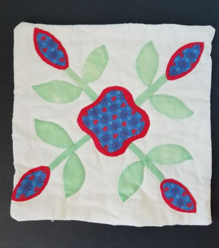 Vintage Quilted Pillow Cover Handmade Applique 12 x 12 Red Mint Blue