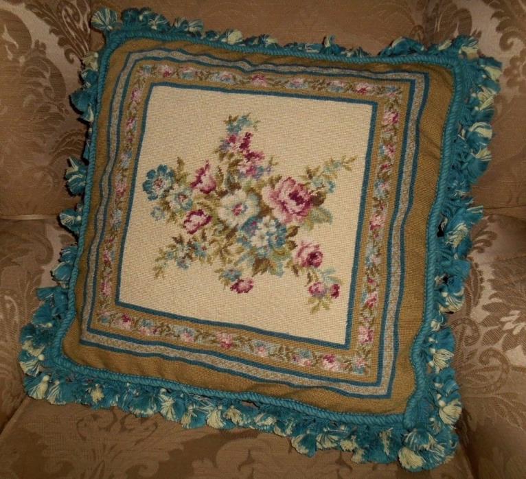 Handmade Wool Petit Point Needlepoint Pillow Teal & Beige Floral Cover 16 x 16