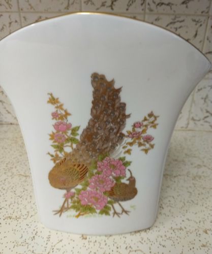 Tall porcelain vase color pink gold peacocks studio made