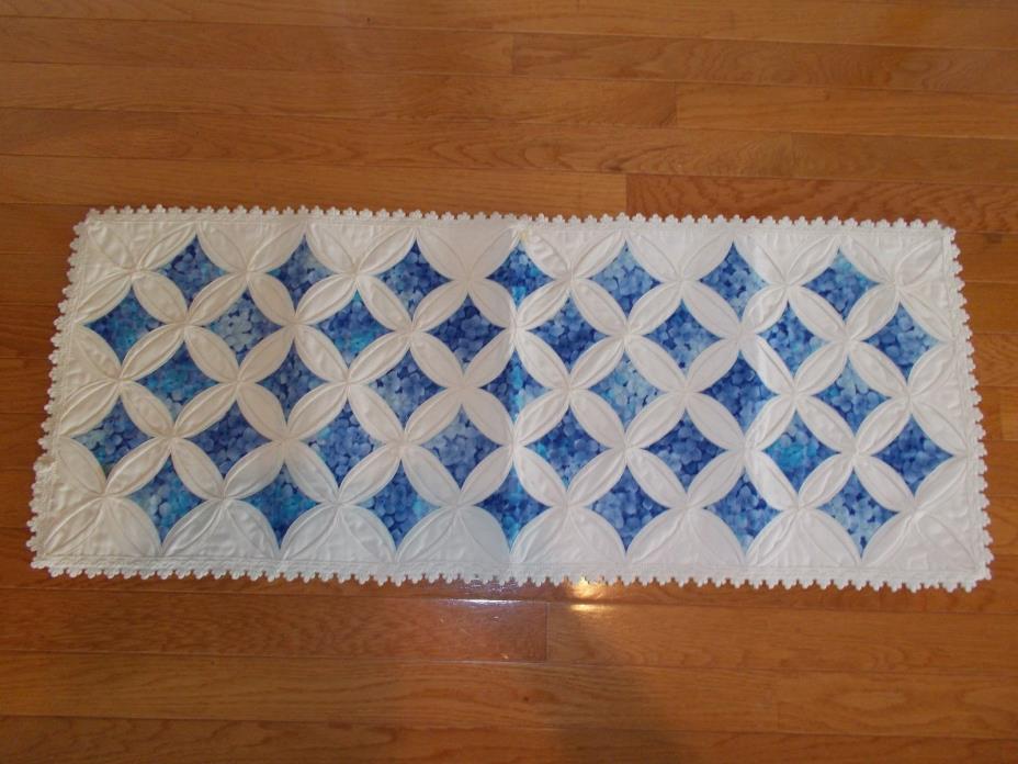 Handmade Quilted Blue & Ivory Table Runner, Double Wedding Ring? With Lace