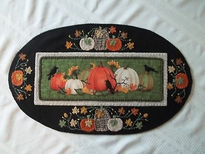 Primitive Black Crows and Pumpkins Table Runner/Candle Mat 19x12 oval w/fs