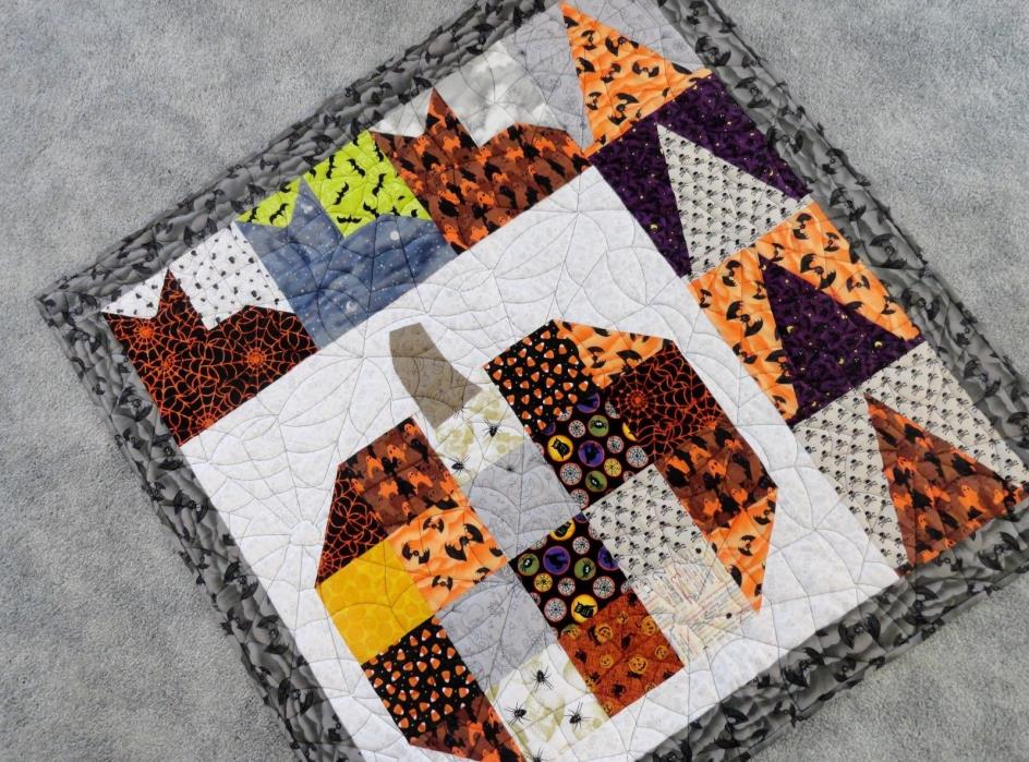 Halloween Quilted Table Topper,Halloween Wall Hanging,Cats,Witches Hats, Pumpkin