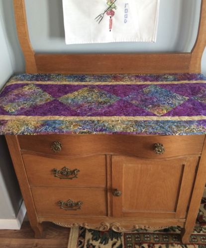 Batik Fabric Table Runner Machine Quilted 19” x 43” Table Decor Purple and Blue