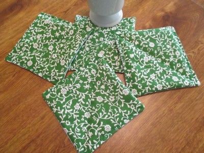 White Flower Vine on Green Print Handmade Quilted Coffee, Beverage Coasters