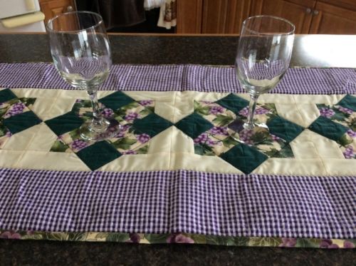 New Handmade Tablerunner Grape Design With Solid Green Ivory Purple Gingham Bar