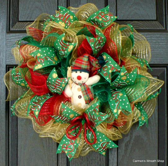 Snowman Christmas Wreath -  Red, Green, Gold Wreath - Jingle Bells Ribbon
