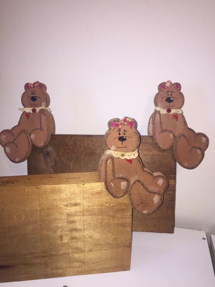 Set of 3 Wooden Jointed Berenstein Bear Primitive Country Decor Shelf Sitter
