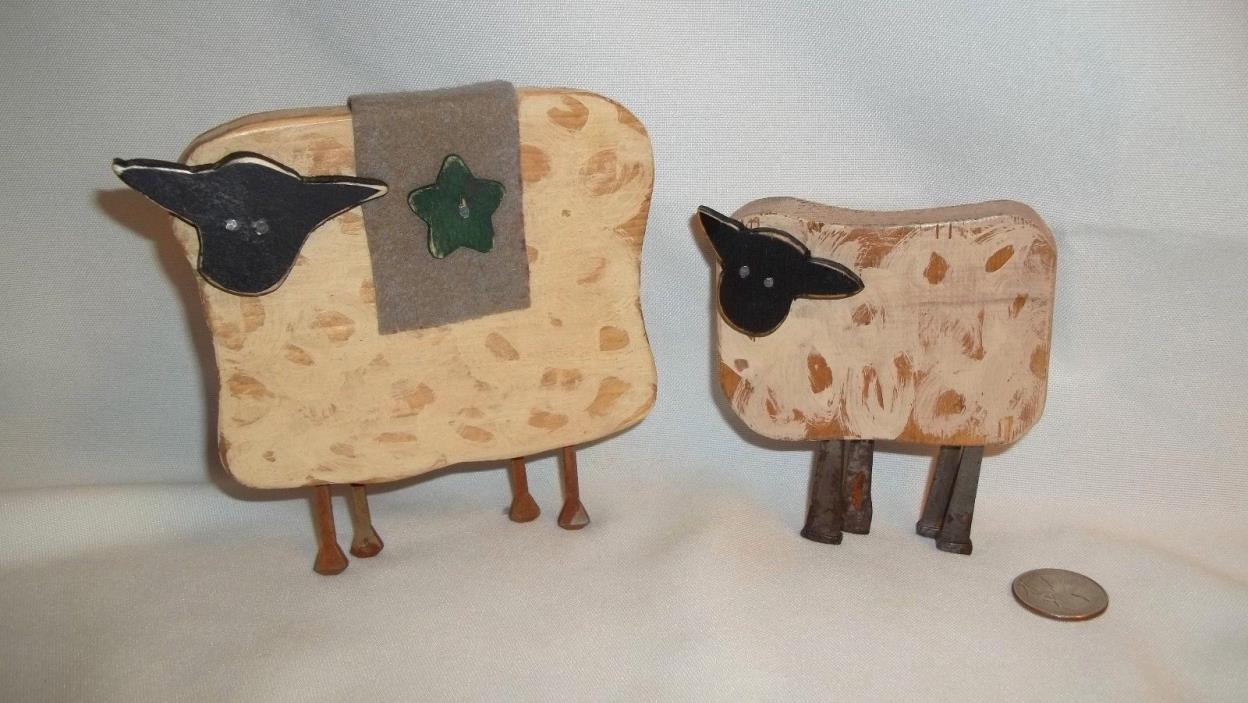 Set of Primitive Wood Sheep with Rusty Square Nail Legs Folk Art Rustic, So Cute