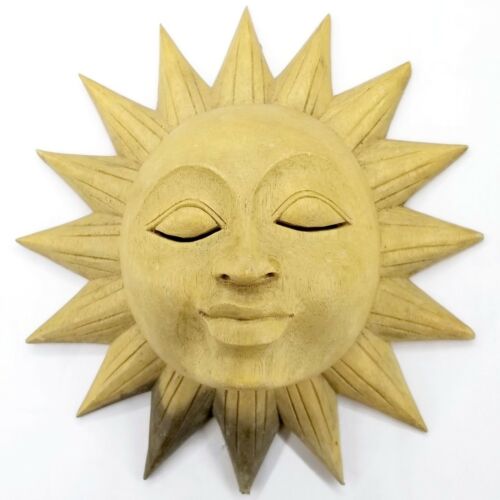 Carved Solid Wood Sleeping Sun Tribal Mask Wall Hanging