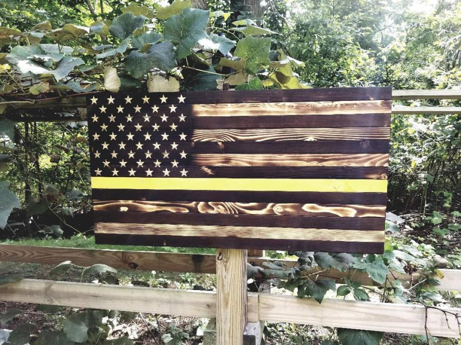 Rustic Wood Burned American Flag Thin Yellow Line 19