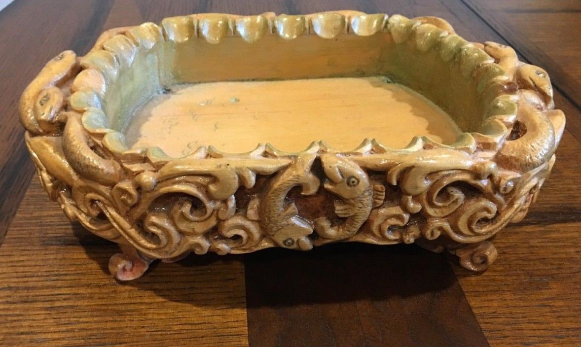 Vintage Primitive Beautifully Hand Carved Wooden Snake and Fish Dish w/ Feet