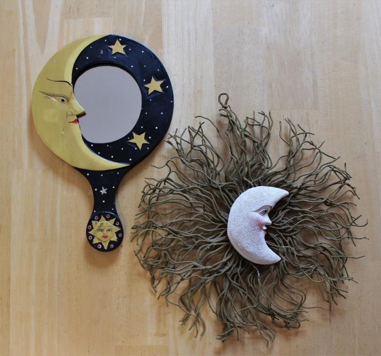 Hand-Carved/Painted Wooden SUN & MOON Hand-Held Mirror and moon wall decor