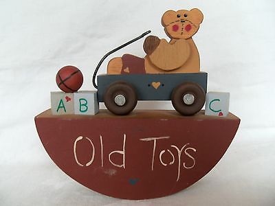 Wooden Bear in Wagon Old Toys sign ABC Blocks & Ball Nursery Shelf Wall Hanging