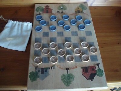 HANDCRAFTED  WOODEN CHECKER-BOARD GAME WITH 24 CHIPS AND BAG / COMPLETE SET