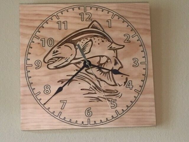 Engraved Wood Clock Trout with Takane Quartz Mechanism and Hands