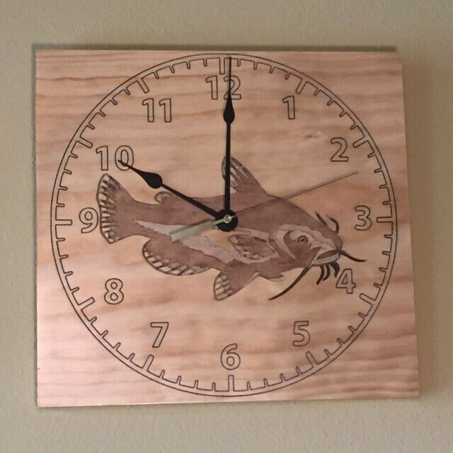 Engraved Wood Clock Catfish with Takane Quartz Mechanism and Hands