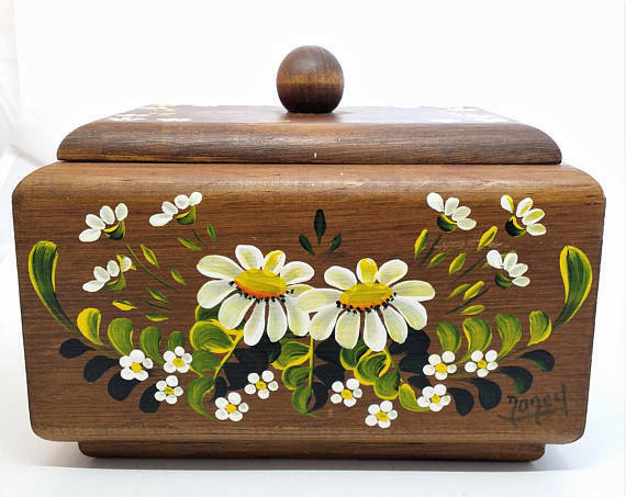 Vintage Hand Painted Wood Box Decorative Covered Floral Daisy Signed Folk Art