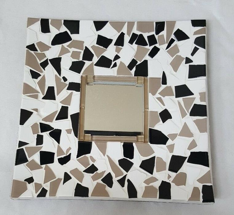 Handcrafted Mosaic Tiled Wall Mirror, 16x16, Black/Tan/White - NO RESERVE!