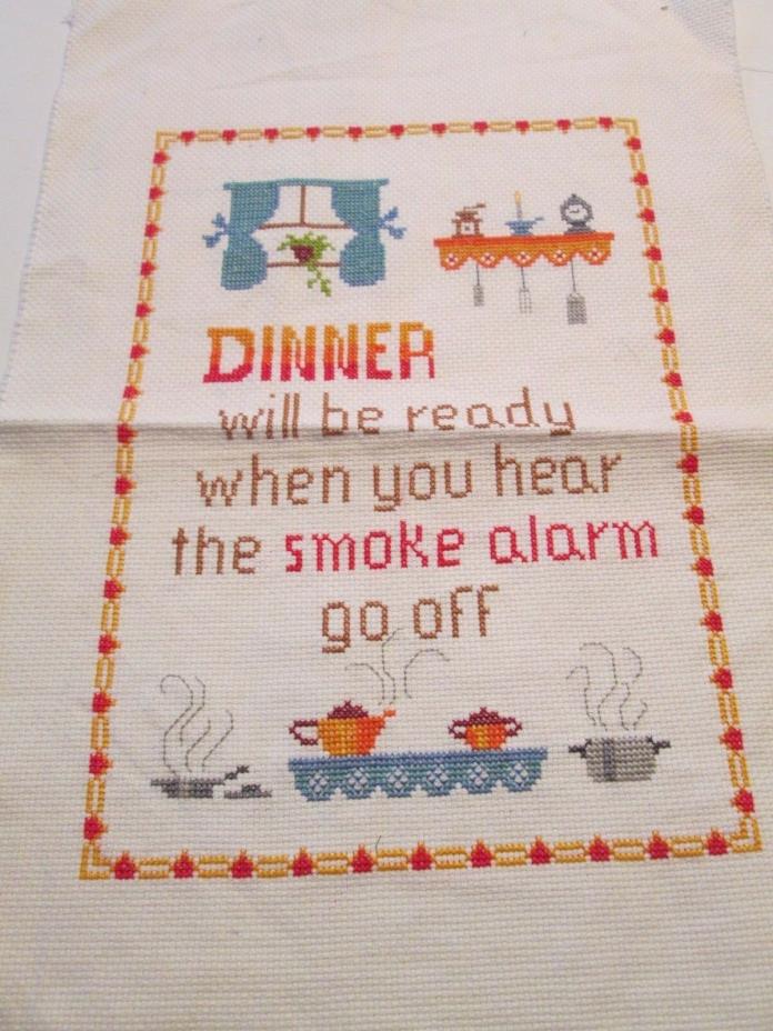 Completed Cross Stitch KItchen Saying Dinner Utensils Plant Pans Clock Window