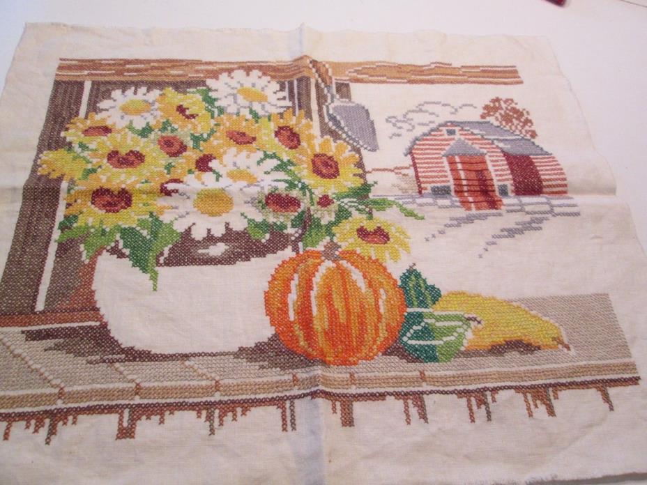 Completed Cross Stitch Large Window Pumpkins Sun Flowers Barn Linen Cloth