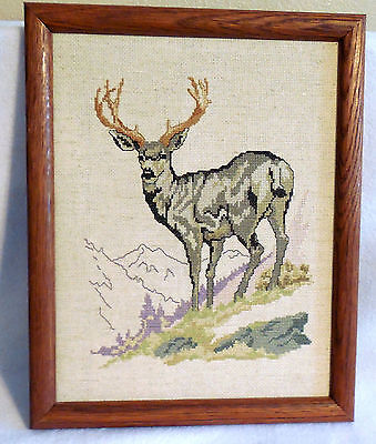Vintage counted cross stitch DEER framed Glass completed