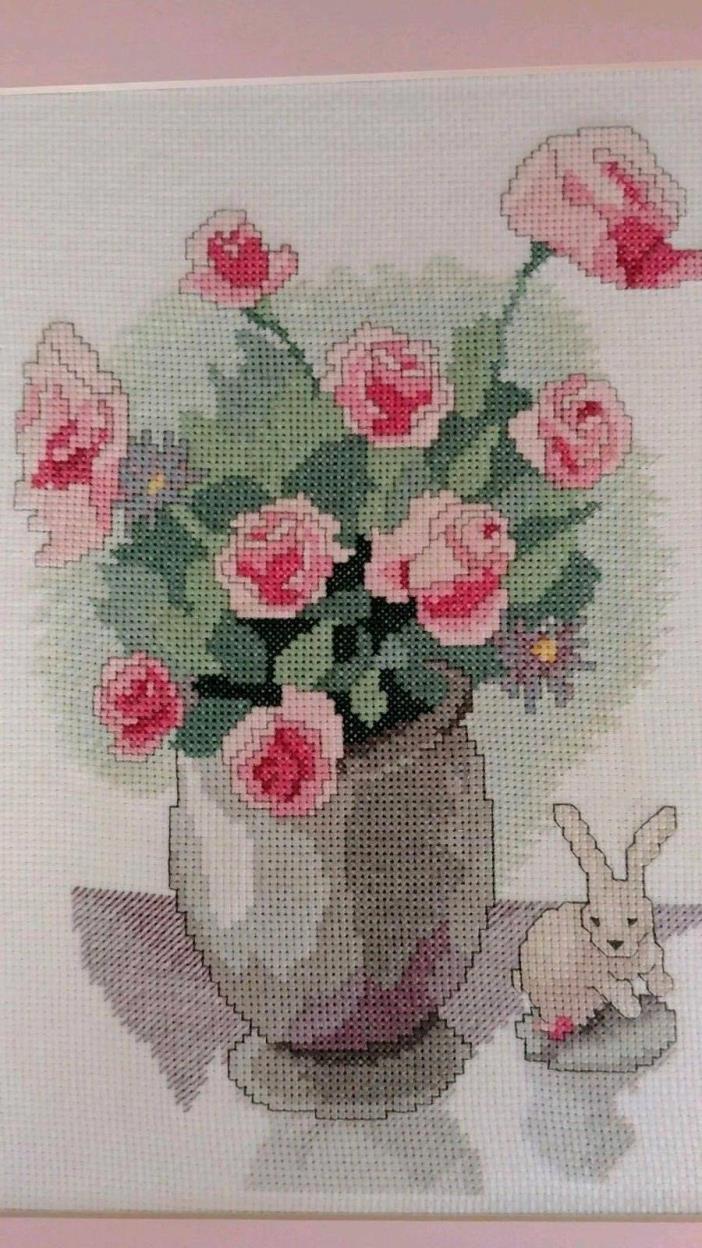 Completed Finished Cross Stitch Bunny Rabbit With Vase and Rose Flowers Pink Mat