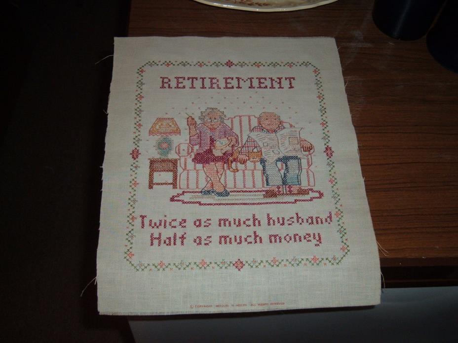 Comical retirement saying completed cross stitch picture