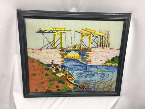 Needlepoint Framed Completed Bridge Water People Horse Buggy 21 1/2” X 19”