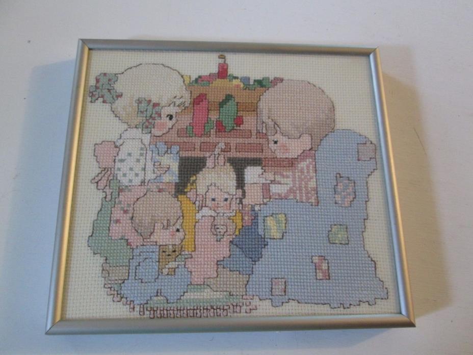 2 Completed Christmas Cross Stitch Framed Precious Moments Tree Bear Stockings