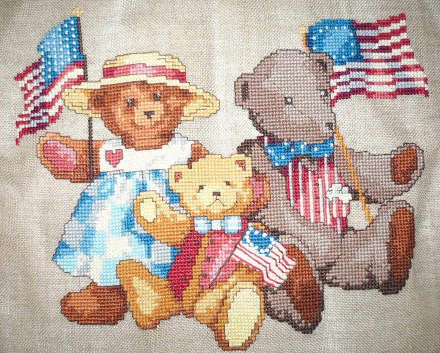 American Teddies Patriotic Teddy Bear Family Finished Completed Cross Stitch