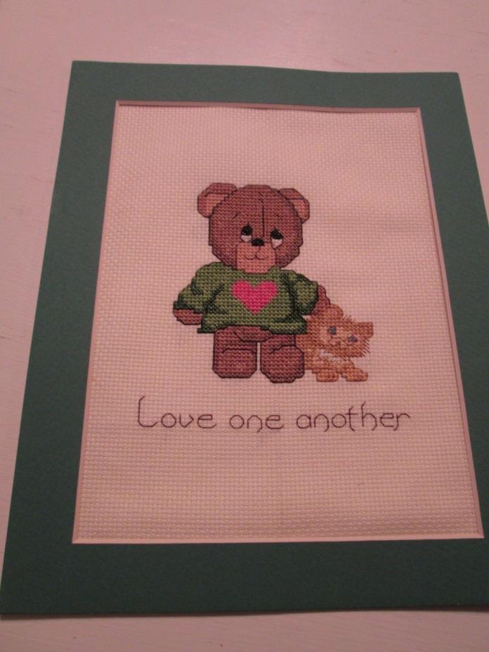 VTG COMPLETED CROSS STITCH TEDDY BEAR KITTEN LOVE ONE ANOTHER MATTED 8