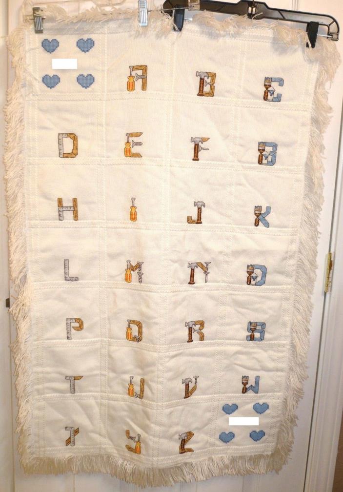 ALPHABET TOOLS Baby BoyBlanket Finished Completed Handmade Counted Cross Stitch