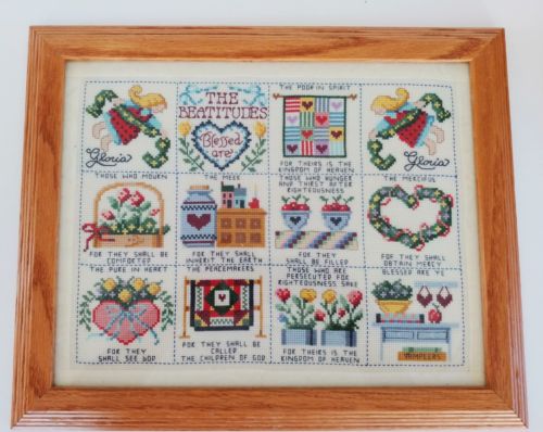 Vintage Finished Cross Stitch Framed Wall Art The Beatitudes Gloria