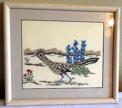 Vintage counted cross stitch ROAD RUNNER  matted framed with glass completed