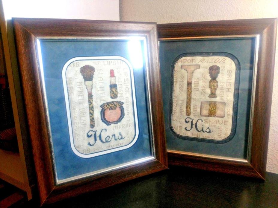 set 2 Counted Cross Stitch Picture His Hers bathroom Completed Framed finished