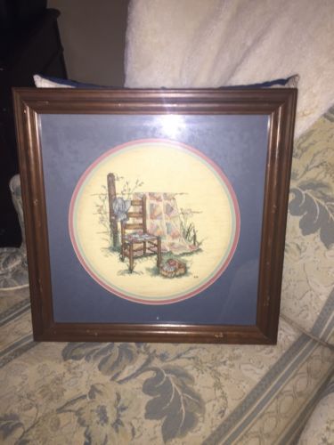 FINISHED / COMPLETED COUNTRY CROSS STITCH 17”x17””MATTED AND FRAMED BEHIND GLASS