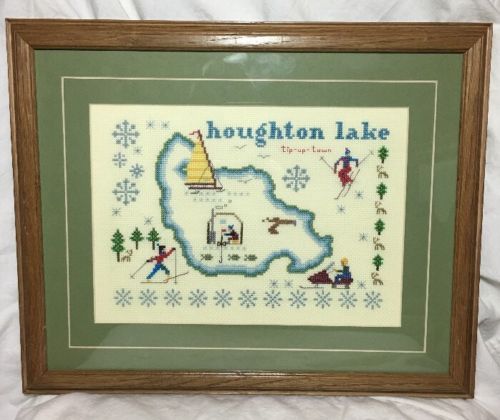Vintage Cottage Houghton Lake, Michigan Map Embroidered Cross Stitch Sampler