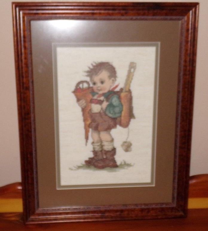 Finished Framed Cross Stitch Hummel Little Boy ~ Wood Frame ~ 13 x 16.5