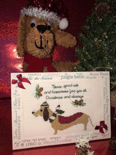 Cross Stitched Dapper Dachshund Christmas Card