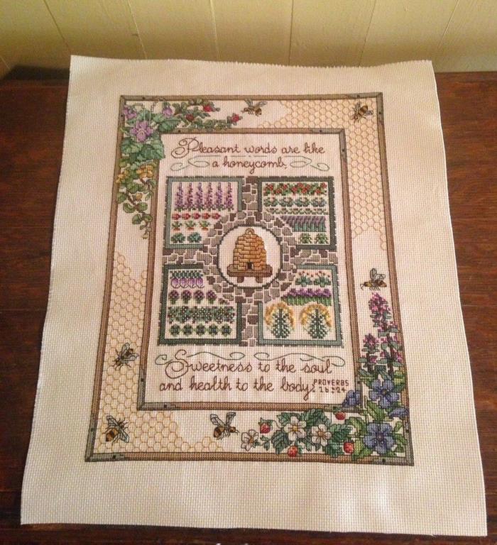 Pleasant Words Are Like a Honeycomb Completed Cross Stitch Floral VERY LARGE