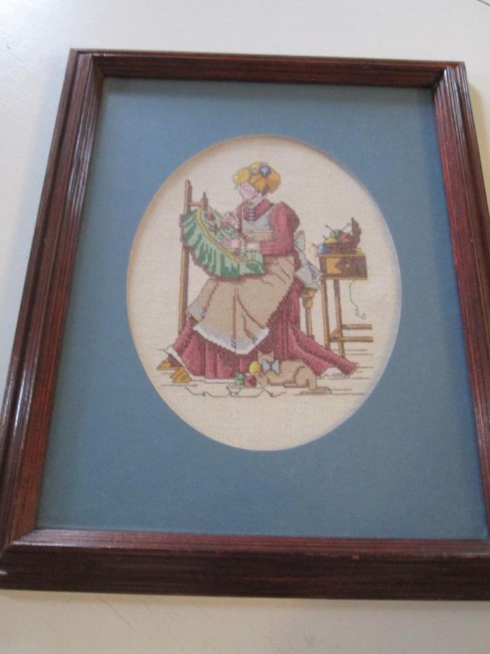 Completed Matted Framed Large Cross Stitch Lady Sewing Quilting Embroidery