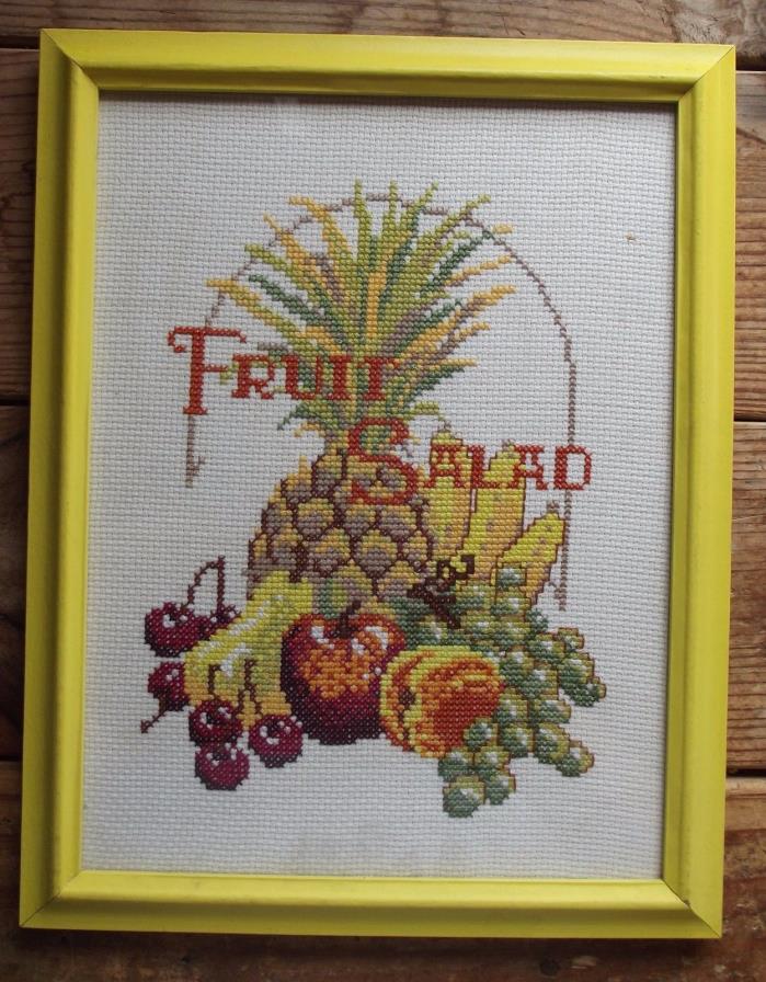 Framed FRUIT SALAD Counted Cross Stitch YELLOW frame WALL HANGING KITCHEN Retro