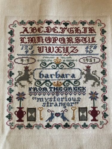 Vtg Completed Cross Stitch Alphabet Sampler Barbara Greek Mysterious Stranger