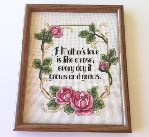 Completed Finished Cross Stitch Framed Mothers Love Rose Grows Floral Flowers