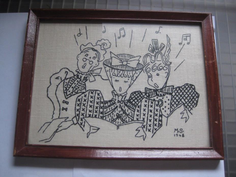 Vintage Cross Stitch Framed Picture 3 Ladies Caroling Black Thread 1948 Signed