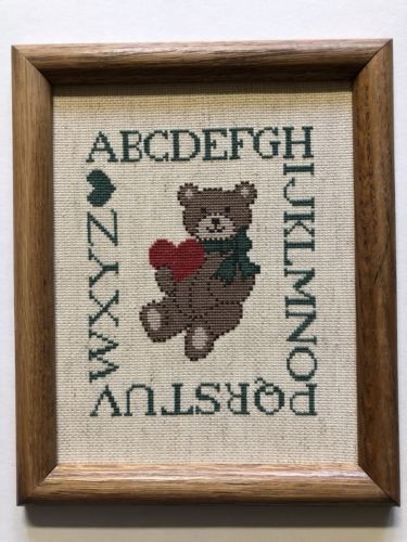 Finished FRAMED Cross Stitch TEDDY BEAR NURSERY ALPHABET SAMPLER RUSTIC 12X10