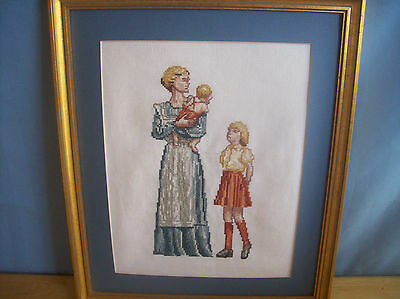 Mother Woman And 2 Children Cross Stitched Picture Framed Ready To Hang