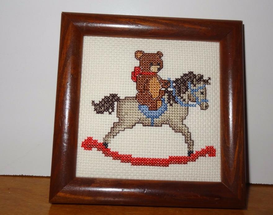 Finished Cross Stitch picture of Teddy Bear riding a Rocking Horse